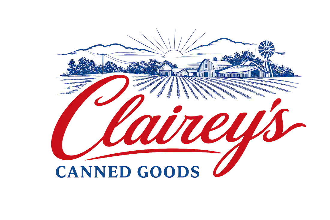Clairey's Canned Goods — a rising sun over an orchard farm, in the company's script wordmark.